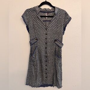 Women’s Blue Boho Button Front Dress Short Sleeve Pockets Vintage Style Medium